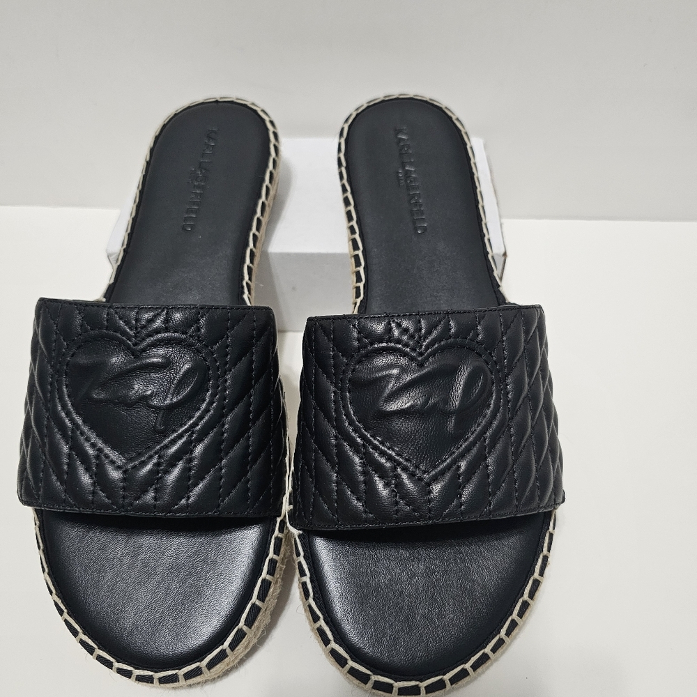 Karl Lagerfeld Paris Colette Quilted Spadrille Black Leather Slides Sandals Sz 9 - Picture 2 of 5